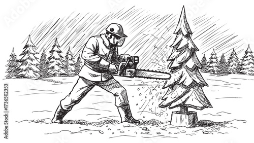 Sketch of lumberjack cutting pine tree with chainsaw in winter forest – retro hand drawn illustration