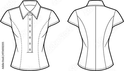 Fashion flat sketch of women’s short sleeve button shirt with collar and fitted seams, vector clothing template illustration for designers