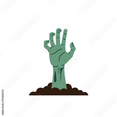 Spooky Green Zombie Hand Rising from Grave Dirt, Perfect Halloween Horror Themed Design Element