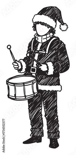Young caucasian male drummer in santa costume playing snare drum – retro hand drawn illustration