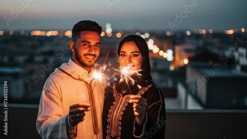 Young Muslim Couple Celebrating with Sparklers at Dusk.