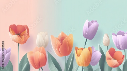 Vibrant Tulips Against Soft Pastel Backgrounds in Floral Display