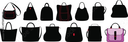 Colorful Handbag & Purse Vector Set | Fashion Tote & Satchel Icons | Trendy Bag Silhouettes with Pink Accent