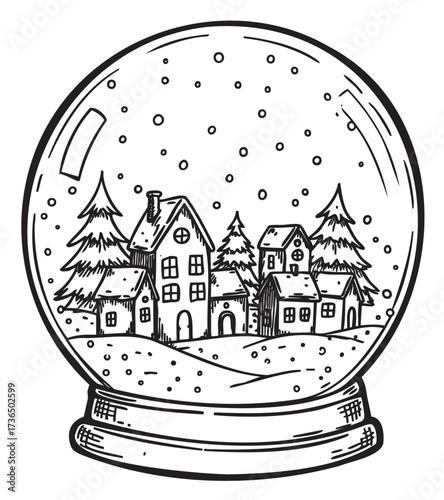 Winter scene in snow globe with houses and pine trees – retro hand drawn illustration