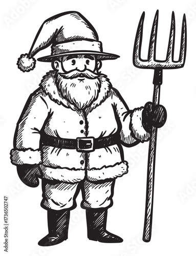 Black and white santa holding pitchfork illustration of festive holiday character – retro hand drawn illustration