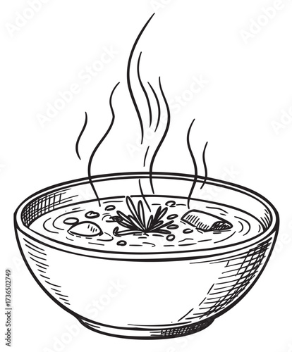 Hand-drawn steaming bowl of soup with herbs and vegetables – retro hand drawn illustration