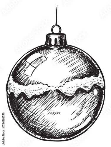 Sketch of hanging christmas ornament with reflective and snowy details – retro hand drawn illustration