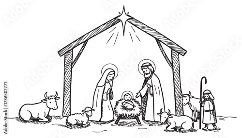 Nativity scene with baby jesus, mary, joseph, shepherd, animals, christmas setting, black and white illustration – retro hand drawn illustration