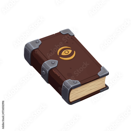 Ancient Magic Spell Book with Mystical Eye Symbol and Ornate Metal Corners for Halloween Wizardry and Fantasy Art