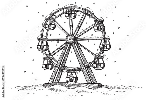 Winter ferris wheel in snowy landscape sketch – retro hand drawn illustration