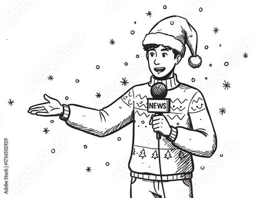 Young caucasian male reporter in winter sweater reporting in snowy weather – retro hand drawn illustration