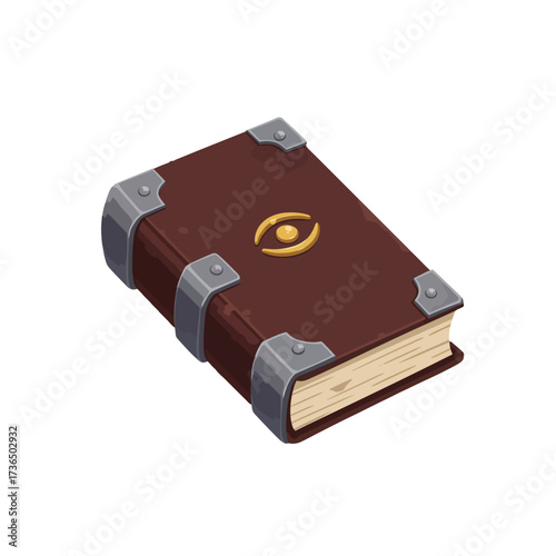 Ancient Magic Spell Book with Mystical Eye Symbol and Ornate Metal Corners for Halloween Wizardry and Fantasy Art