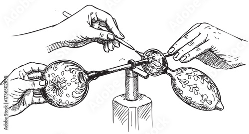 Glassblowing artisans crafting intricate ornament with tools and expert hands – retro hand drawn illustration
