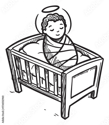 Illustration of swaddled baby with halo in wooden crib – retro hand drawn illustration