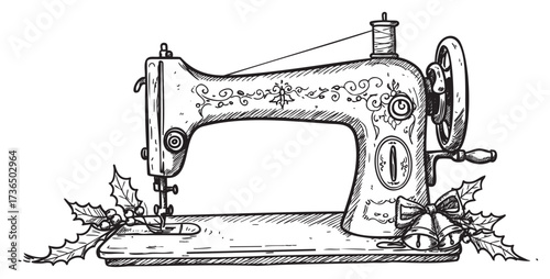 Vintage sewing machine with festive holly and bells design – retro hand drawn illustration