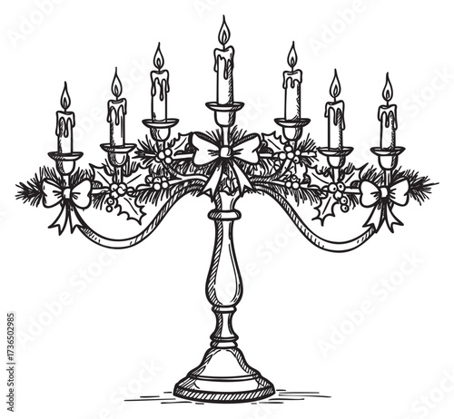 Elegant holiday candelabra with candles and festive decorations in line art – retro hand drawn illustration