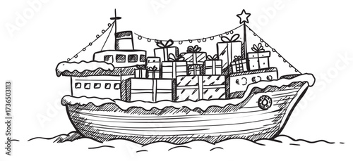 Festive ship with holiday gifts and decorated with string lights – retro hand drawn illustration