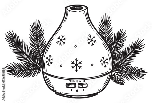 Snowflake-patterned essential oil diffuser with pine branches – retro hand drawn illustration