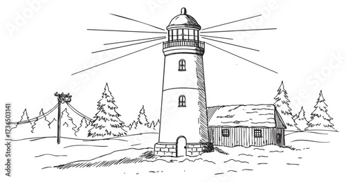 Hand-drawn lighthouse and cabin scene with trees and power lines – retro hand drawn illustration