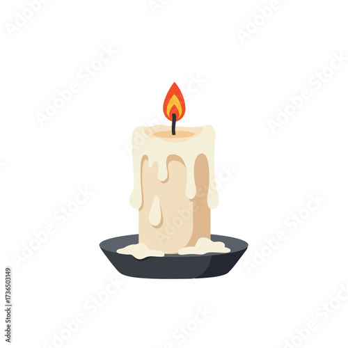 Eerie Halloween Lit White Candle with Dripping Wax on Dark Plate, Creating a Spooky Atmosphere