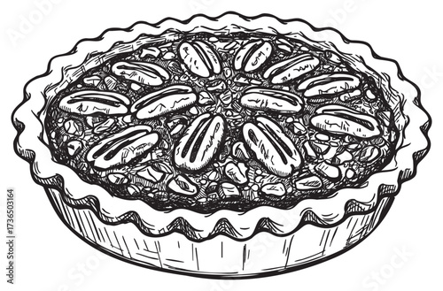 Hand-drawn pecan pie with detailed nut topping and fluted crust design – retro hand drawn illustration