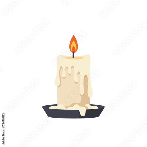 Eerie Halloween Lit White Candle with Dripping Wax on Dark Plate, Creating a Spooky Atmosphere