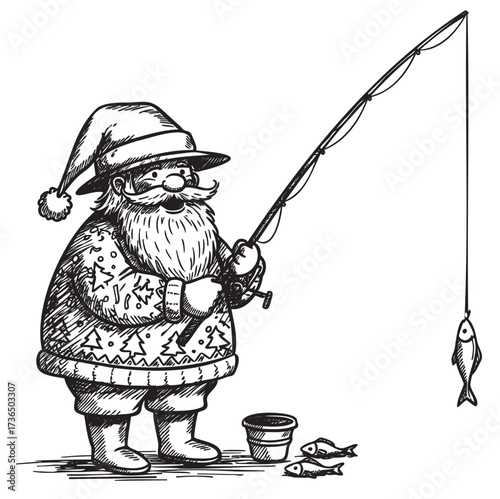 Cartoon santa claus fishing with rod catching fish in winter hat and sweater – retro hand drawn illustration