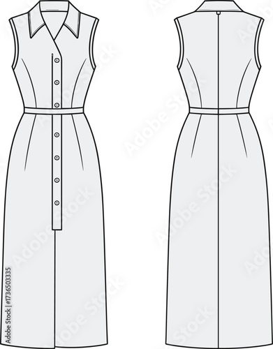 Fashion flat sketch of women’s sleeveless shirt dress with collar, button front, waist seam, fitted silhouette, front and back view