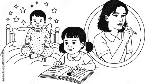 Mother Reading to Children and Dreaming vector untitled