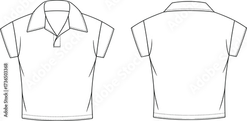 Fashion flat sketch of women’s short sleeve polo shirt top with collar and placket front vector illustration template design