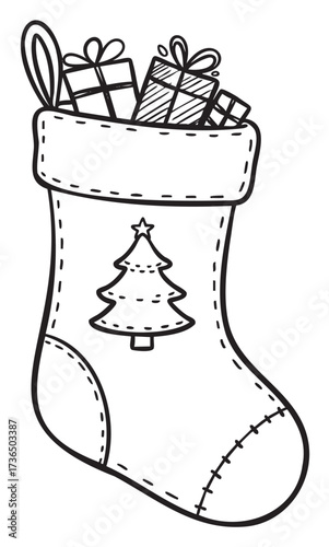 Christmas stocking with gifts and tree decoration line art design – retro hand drawn illustration