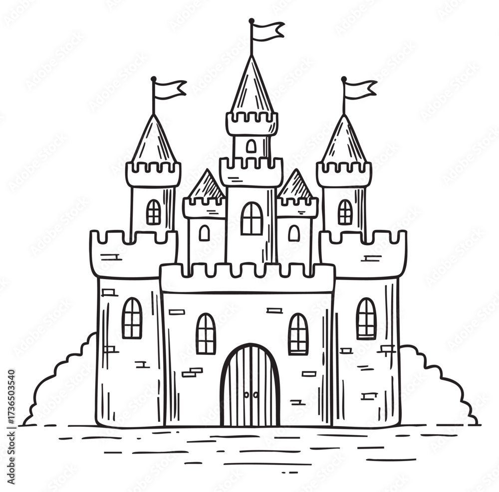 Fototapeta premium Hand-drawn medieval castle with towers and flags illustration – retro hand drawn illustration