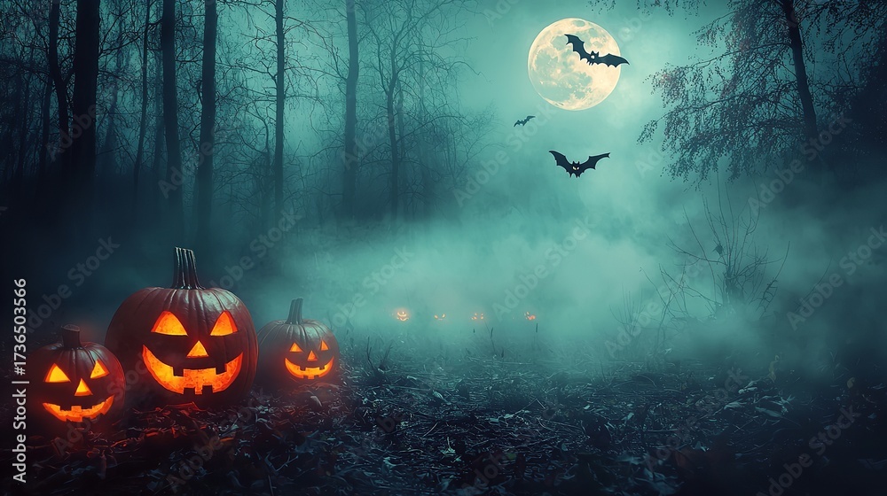 Naklejka premium Spooky Halloween Night Forest with Pumpkins and Bats, Generative AI.