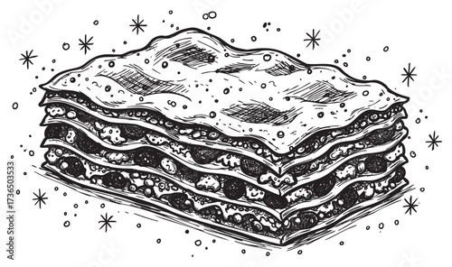 Vintage hand-drawn lasagna illustration with multiple layers and cheese topping – retro hand drawn illustration