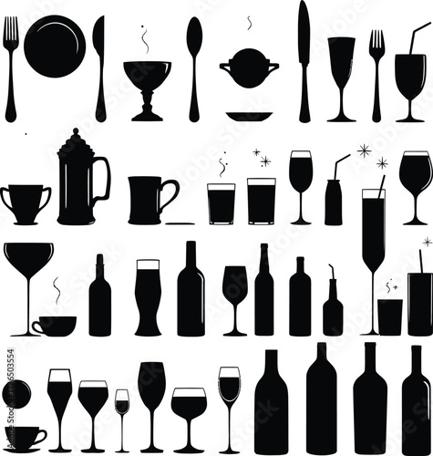 Drinkware and Utensil Icon Set Vector Featuring Cups, Bottles, Glasses, Plates, and French Press in Black Line Art Style