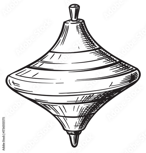 Vintage wooden spinning top illustration with engraved details – retro hand drawn illustration