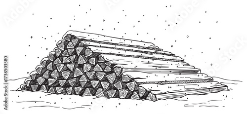 Stack of firewood logs in snowy winter scene with pine trees and falling snowflakes – retro hand drawn illustration