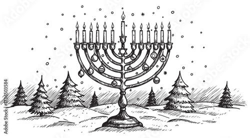 Hand-drawn illustration of menorah in snowy forest setting – retro hand drawn illustration