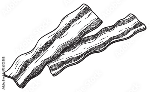 Hand-drawn bacon illustration: two crispy strips in black and white – retro hand drawn illustration