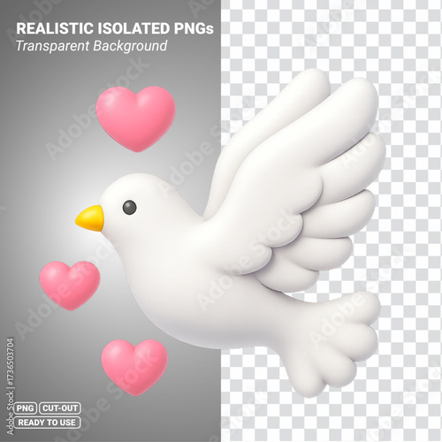 White dove with pink hearts flying symbol of love and peace Transparent PNG file ready to be used.