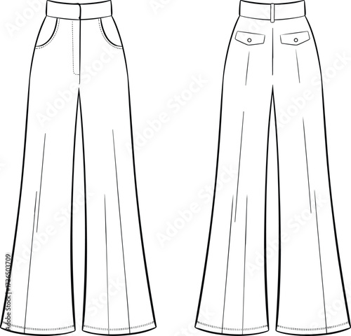 Fashion flat sketch of women’s wide leg high waist pants with front pockets, back flap pockets, detailed sewing, front and back view