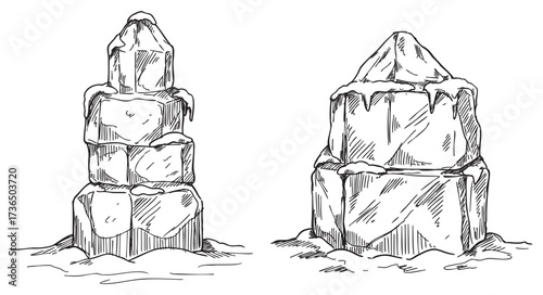 Hand-drawn ice and snow sculptures with geometric and natural shapes – retro hand drawn illustration