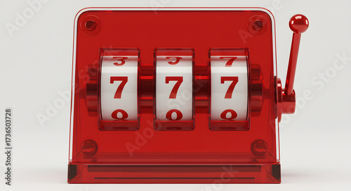 Red vintage slot machine with three reels showing sevens  