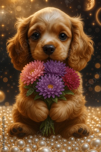 A Cocker Spaniel puppy with endearing eyes sits among lustrous pearls, clutching a bouquet of vibrant chrysanthemums, conveying a sense of sweetness and charm.