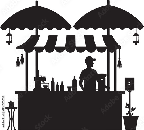 Silhouette of a person at a market stall with umbrellas and lanterns