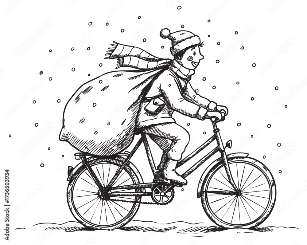 Obraz premium Festive caucasian male santa bicyclist in snowy scene wearing scarf and hat – retro hand drawn illustration