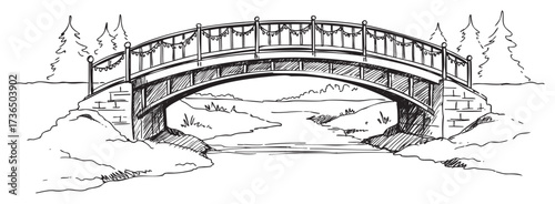 Charming sketch of a decorative bridge over a calm river in a forest setting – retro hand drawn illustration