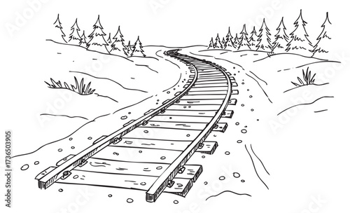 Black and white sketch of a curved railway track through a forested landscape – retro hand drawn illustration