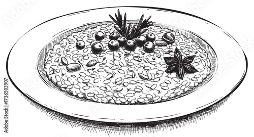 Hand-drawn bowl of rice with herbs and spices – retro hand drawn illustration
