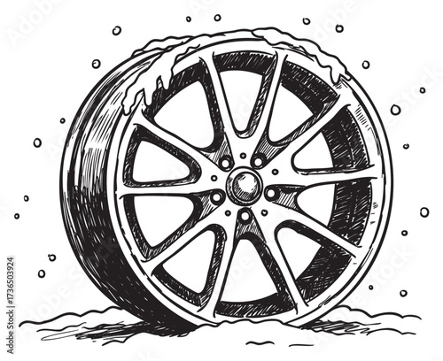 Detailed sketch of a winter tire with snowflakes and ice accumulation – retro hand drawn illustration
